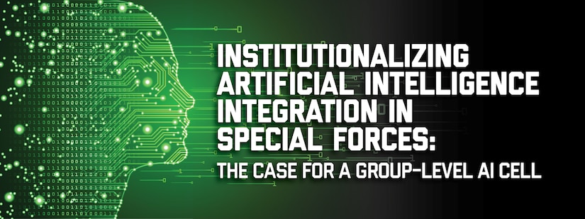 Institutionalizing Artificial Intelligence Integration in Special Forces: The Case for a Group-Level AI Cell. Big data and artificial intelligence concept. Machine learning and cyber mind domination concept in form of women face outline with circuit board and binary data flow on green background. Image licensed via Adobe Stock.