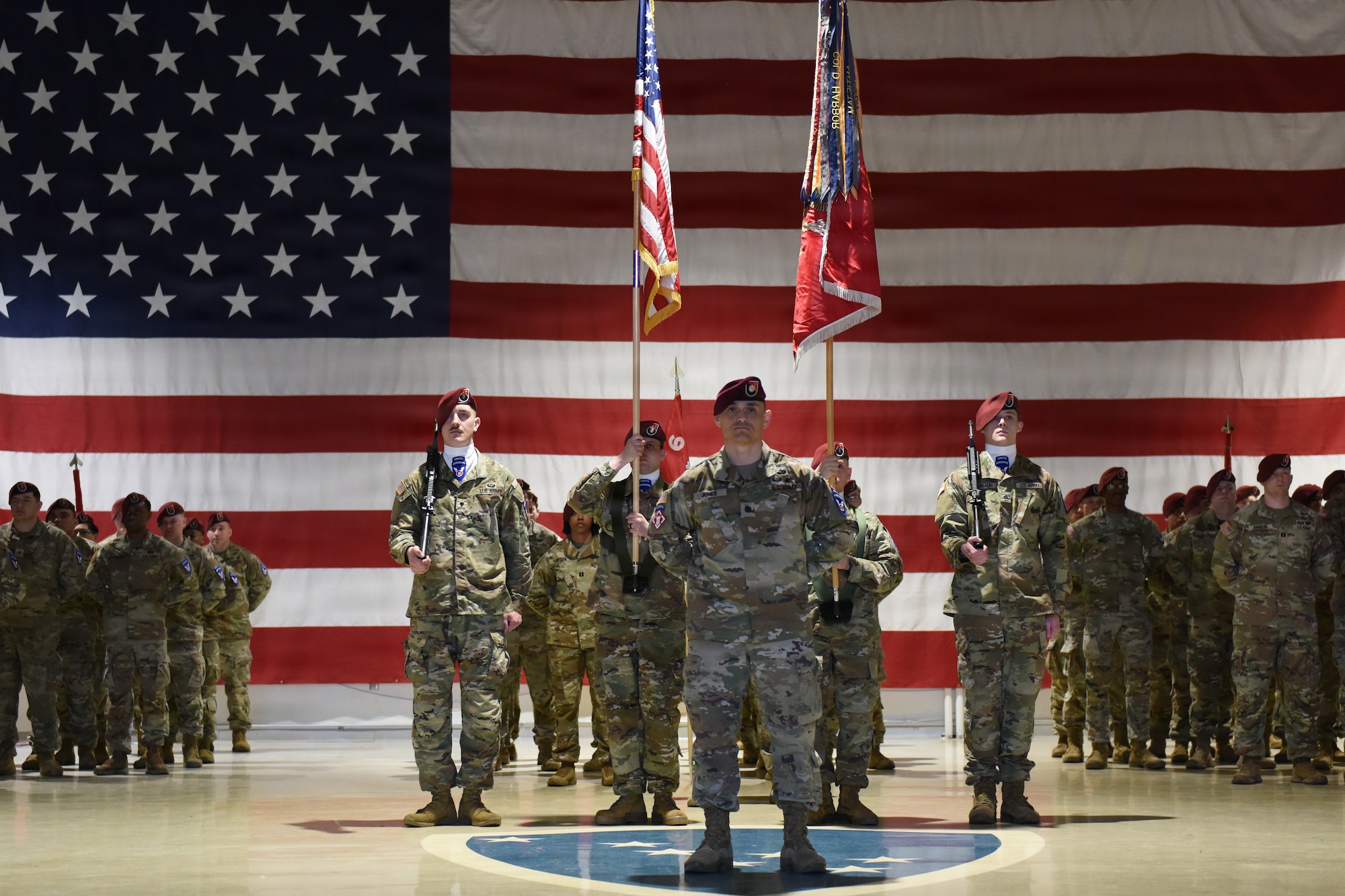 U.S. Army Soldiers assigned to 6th Brigade Engineer Battalion, 2nd Infantry Brigade Combat Team (Airborne), 11th Airborne Division, stand in formation during a reflagging ceremony at the Alaska National Guard Armory, April 17, 2026, on Joint Base Elmendorf-Richardson, Alaska. The 6th BEB officially reflagged as the 6th Division Engineer Battalion, marking a significant step in transforming and strengthening the 11th Airborne Division mission in the arctic and Indo-Pacific. (U.S. Air Force photo by Nicholas Holland)
