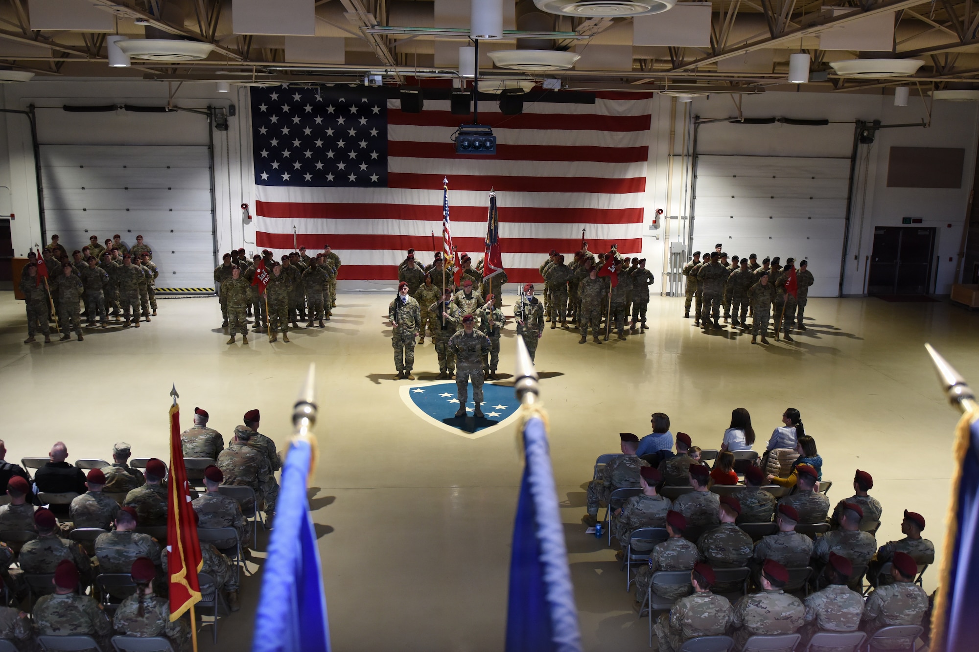 U.S. Army Soldiers assigned to 6th Brigade Engineer Battalion, 2nd Infantry Brigade Combat Team (Airborne), 11th Airborne Division, stand in formation during a reflagging ceremony at the Alaska National Guard Armory, April 17, 2026, on Joint Base Elmendorf-Richardson, Alaska. The 6th BEB officially reflagged as the 6th Division Engineer Battalion, marking a significant step in transforming and strengthening the 11th Airborne Division mission in the arctic and Indo-Pacific. (U.S. Air Force photo by Nicholas Holland)