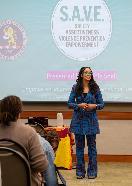 Guest keynote speaker, Nicole Snell, CEO of Empowered Journeys, Inc. and founder of Outdoor Defense, gives a presentation during the 2026 SAPR Summit at the U.S. Army Heritage and Education Center in Carlisle, Pennsylvania, April 23, 2026. This presentation focused on Safety, Assertiveness, Violence Protection, and Empowerment (SAVE), with an additional emphasis on bystander intervention. (U.S. Army National Guard photo by Sgt. Kayden Bedwell)