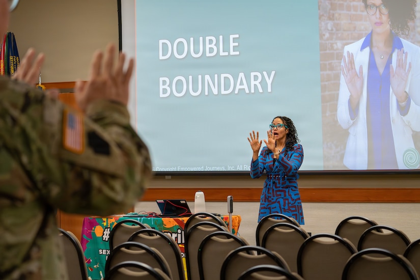 Guest keynote speaker, Nicole Snell, CEO of Empowered Journeys, Inc. and founder of Outdoor Defense, gives a presentation during the 2026 SAPR Summit at the U.S. Army Heritage and Education Center in Carlisle, Pennsylvania, April 23, 2026. This presentation focused on Safety, Assertiveness, Violence Protection, and Empowerment (SAVE), with an additional emphasis on bystander intervention. (U.S. Army National Guard photo by Sgt. Kayden Bedwell)
