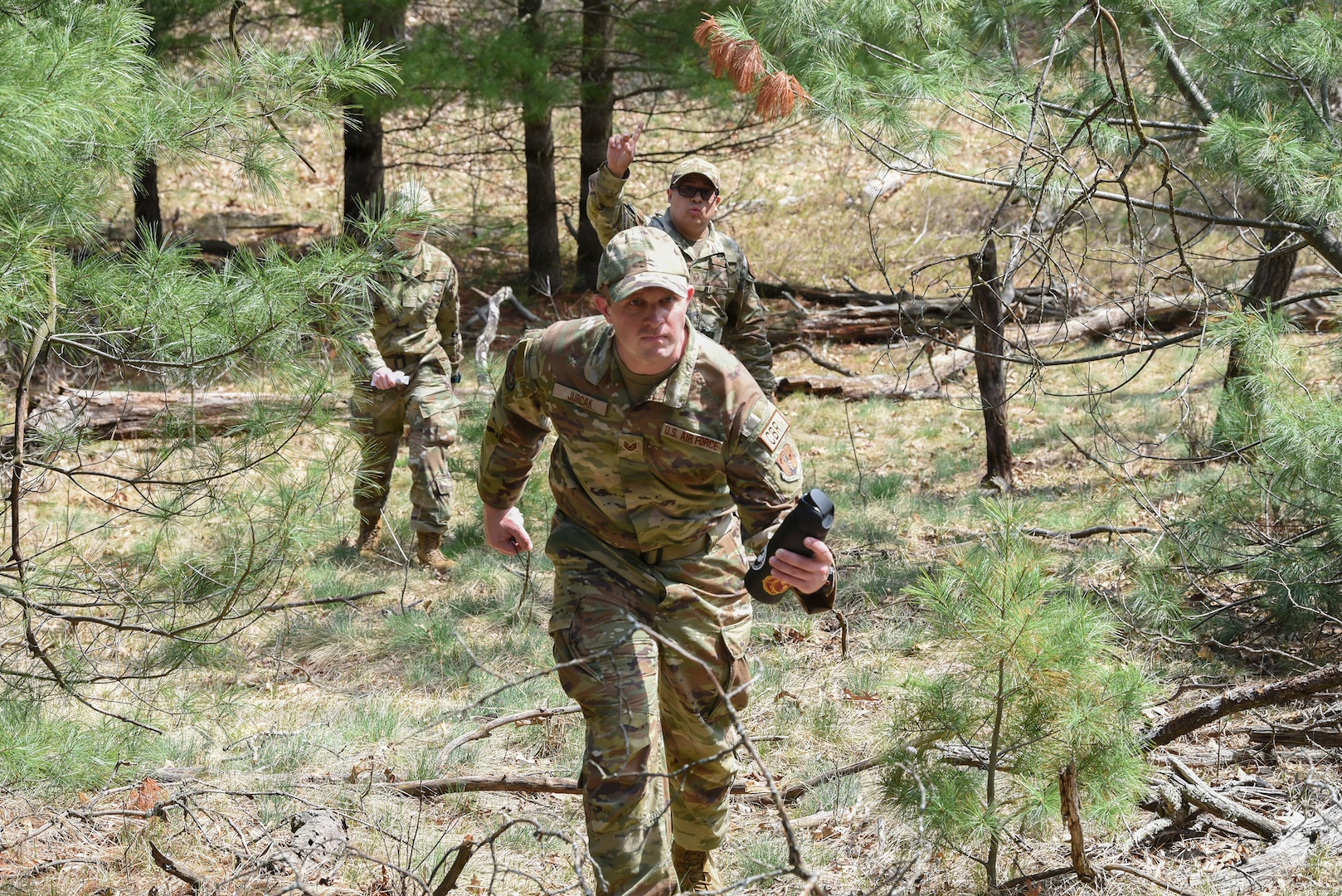 U.S. Air Force emergency management specialists, Air National Guard, practice land navigation during CHOP North 26, April 17, 2026, at Volk Field, Camp Douglas, Wis.