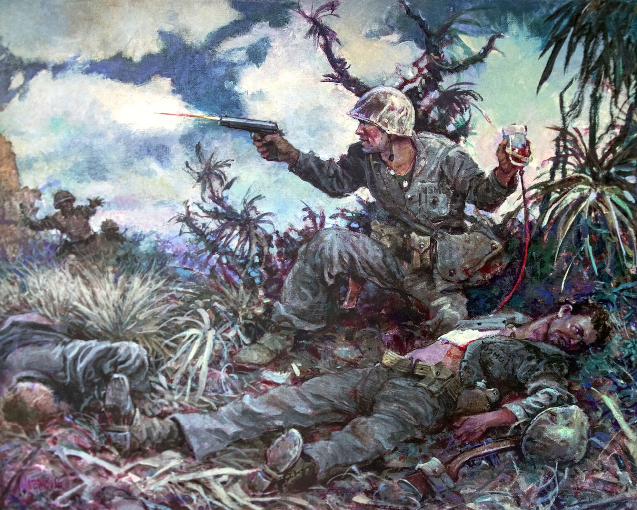 A painting depicts a man in a camouflage military uniform administering first aid to another man on the ground in similar attire as he fires a pistol with his other hand at enemy forces.