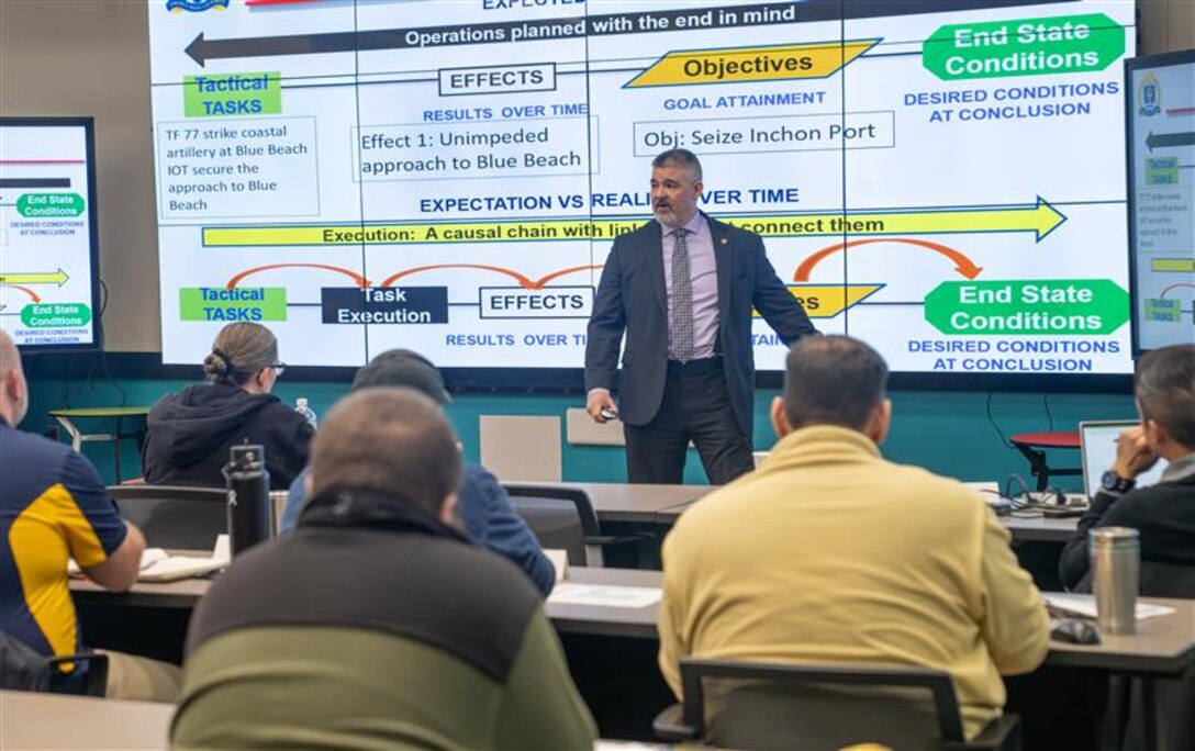 DAHLGREN, Va. – Professor C.A. "K-Jack" Krajacich, director of Maritime Staff Courses at the U.S. Naval War College, teaches the first Naval Surface Warfare Center Dahlgren Division (NSWCDD) Wartime Readiness Short Course to a room full of Sailors and civilians. The course is designed to provide perspective on how maritime operations centers support the fleet. (Matt Lyman/NSWCDD Photo)