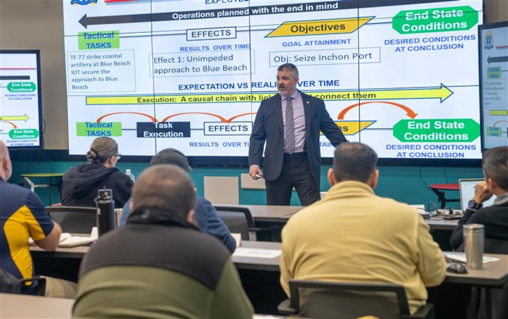 DAHLGREN, Va. – Professor C.A. "K-Jack" Krajacich, director of Maritime Staff Courses at the U.S. Naval War College, teaches the first Naval Surface Warfare Center Dahlgren Division (NSWCDD) Wartime Readiness Short Course to a room full of Sailors and civilians. The course is designed to provide perspective on how maritime operations centers support the fleet. (Matt Lyman/NSWCDD Photo)
