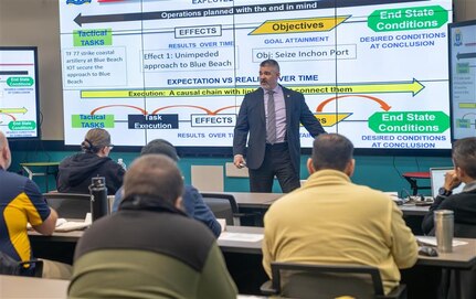 DAHLGREN, Va. – Professor C.A. "K-Jack" Krajacich, director of Maritime Staff Courses at the U.S. Naval War College, teaches the first Naval Surface Warfare Center Dahlgren Division (NSWCDD) Wartime Readiness Short Course to a room full of Sailors and civilians. The course is designed to provide perspective on how maritime operations centers support the fleet. (Matt Lyman/NSWCDD Photo)