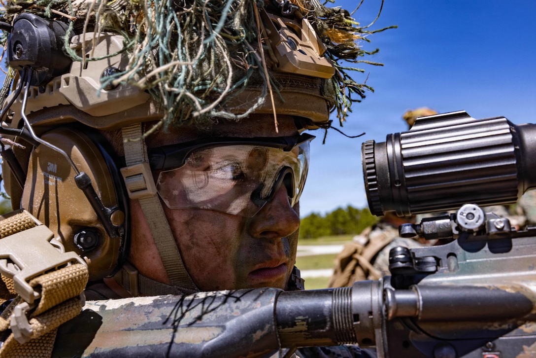 A Marine looks through a scope on a rifle, with grass, trees and a blue sky in the background.