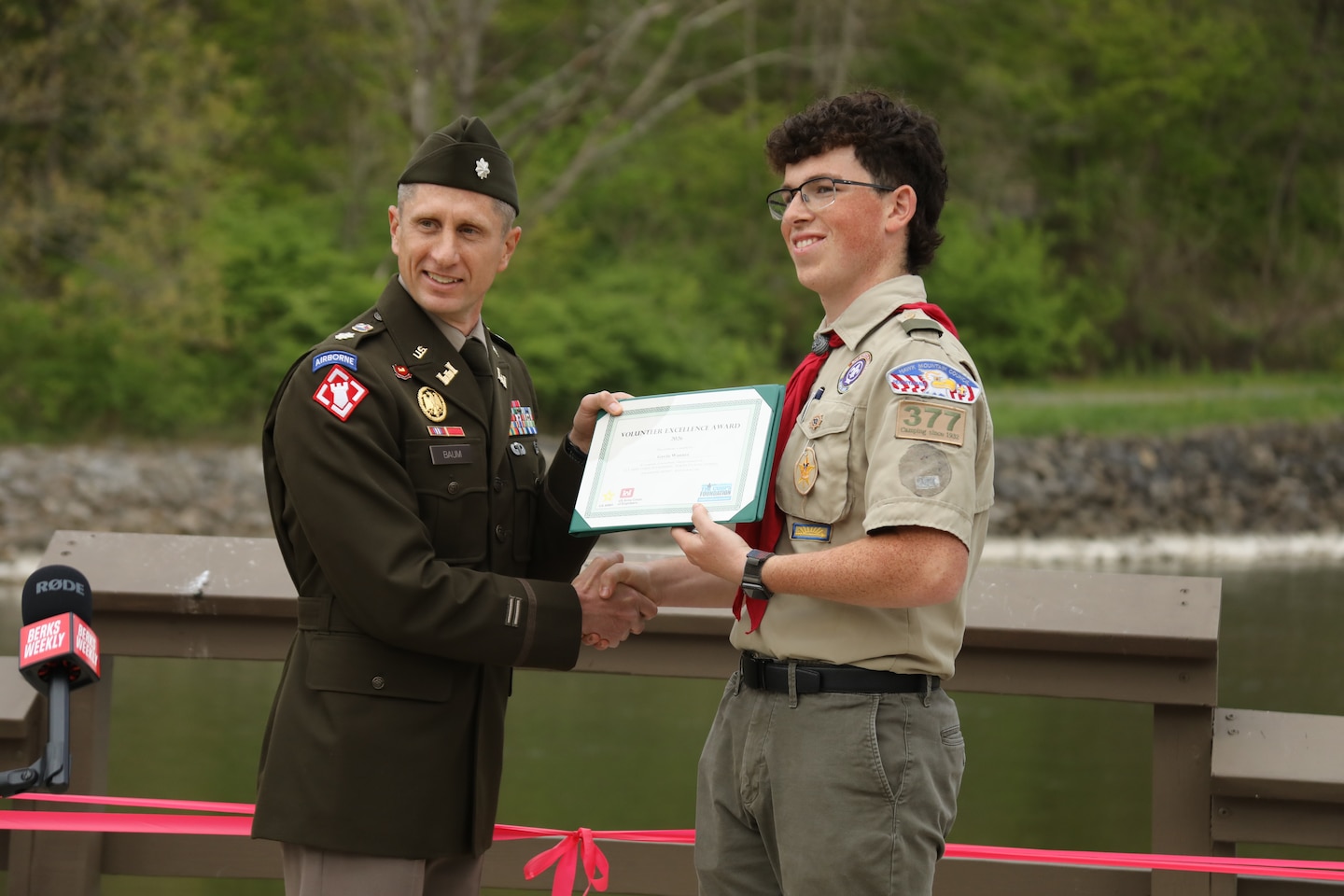 U.S. Army Corps of Engineers Philadelphia District Commander Lt. Col. Ryan A. Baum presents Life Scout Gavin Wanner with a Volunteer Excellence Award in recognition of his Eagle Scout project.