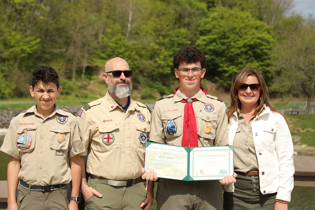 Local Life Scout Gavin Wanner poses for a photo after receiving a Volunteer Excellence Award from the Corps Foundation and Army Corps of Engineers.
