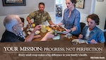 Uniformed service member and three family members sitting around a table. Text reads: "YOUR MISSION: PROGRESS, NOT PERFECTION. Every small swap makes a big difference in your family's health." DHA Public Health