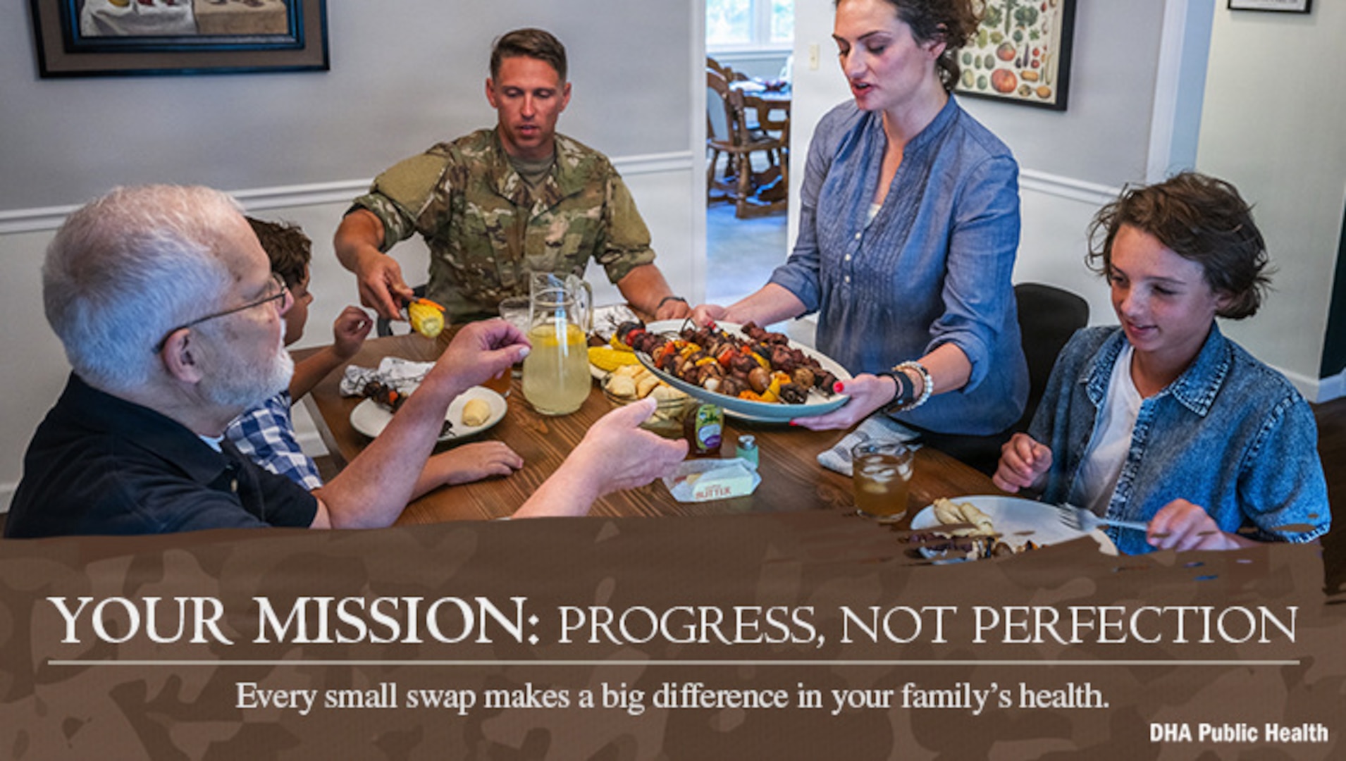 Uniformed service member and three family members sitting around a table. Text reads: "YOUR MISSION: PROGRESS, NOT PERFECTION. Every small swap makes a big difference in your family's health." DHA Public Health