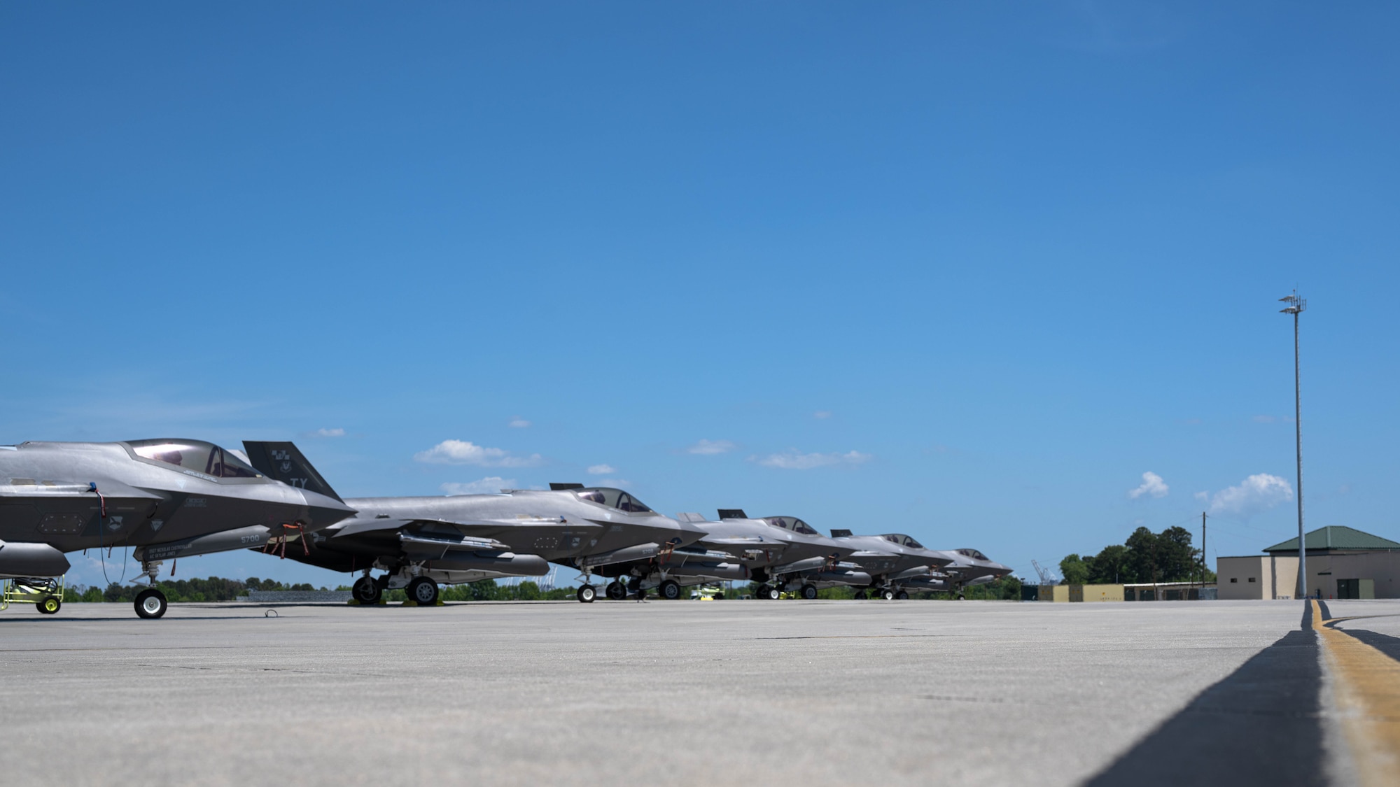 F-35A Lighting II aircraft sit on the flightline at Savannah Air National Guard Base, Georgia