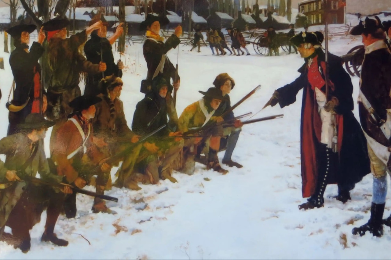 A painting depicts troops with long guns, some standing and others kneeling in the snow.