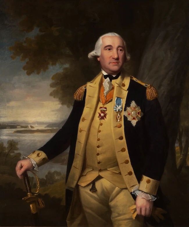 A painting depicts a man in a historical military uniform wearing medals as he rests his right hand on the hilt of his sword.