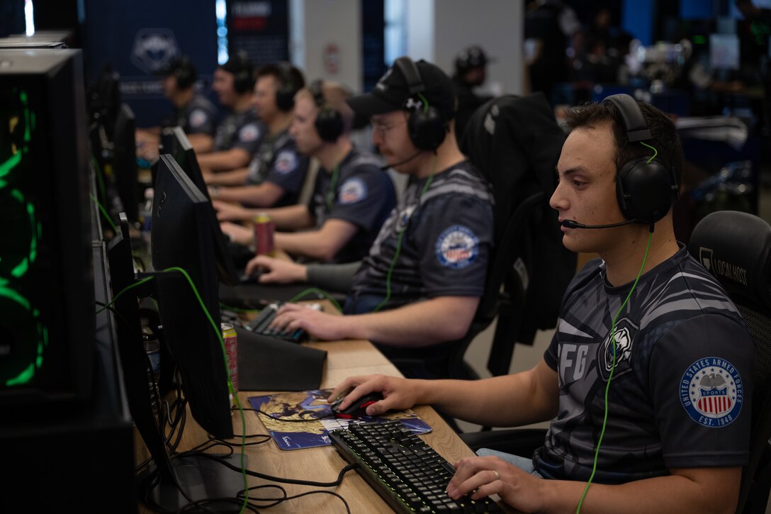 Service members on the U.S. Space Force esports team practice before the 2026 Armed Forces Esports Championship at Localhost in Philadelphia, Pennsylvania, April 23, 2026. Service members competed in organized esports competition playing Marvel Rivals for championship honors while representing their respective services. Armed Forces Sports brings together service members from the Army, Marine Corps, Navy, Coast Guard, Air Force, and Space Force to compete at the national level. Armed Forces Sports promotes physical fitness, cognitive readiness, teamwork, and competitive opportunities for military members while supporting recruitment and retention efforts and strengthening partnerships through emerging sports platforms. (DoW photo by U.S. Marine Corps Sgt. Kayla Halloran)