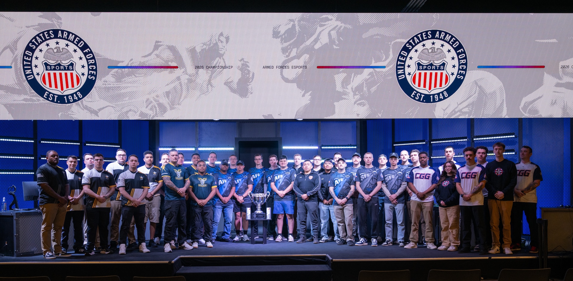 U.S. service members attend the opening ceremony of the 2026 Armed Forces Esports Championship at Localhost in Philadelphia, Pennsylvania, April 24, 2026.  Service members competed in organized esports competition playing Marvel Rivals for championship honors while representing their respective services. Armed Forces Sports brings together service members from the Army, Marine Corps, Navy, Coast Guard, and Air Force, and Space Force to compete at the national level. Armed Forces Sports promotes physical fitness, cognitive readiness, teamwork, and competitive opportunities for military members while supporting recruitment and retention efforts and strengthening partnerships through emerging sports platforms. (DoW photo by U.S. Marine Corps Sgt. Kayla Halloran)