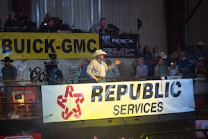 U.S. Air Force Col. Matthew Norton, 17th Training Wing commander, speaks at the annual Military Appreciation Night at the Foster Communications Coliseum, San Angelo, Texas.