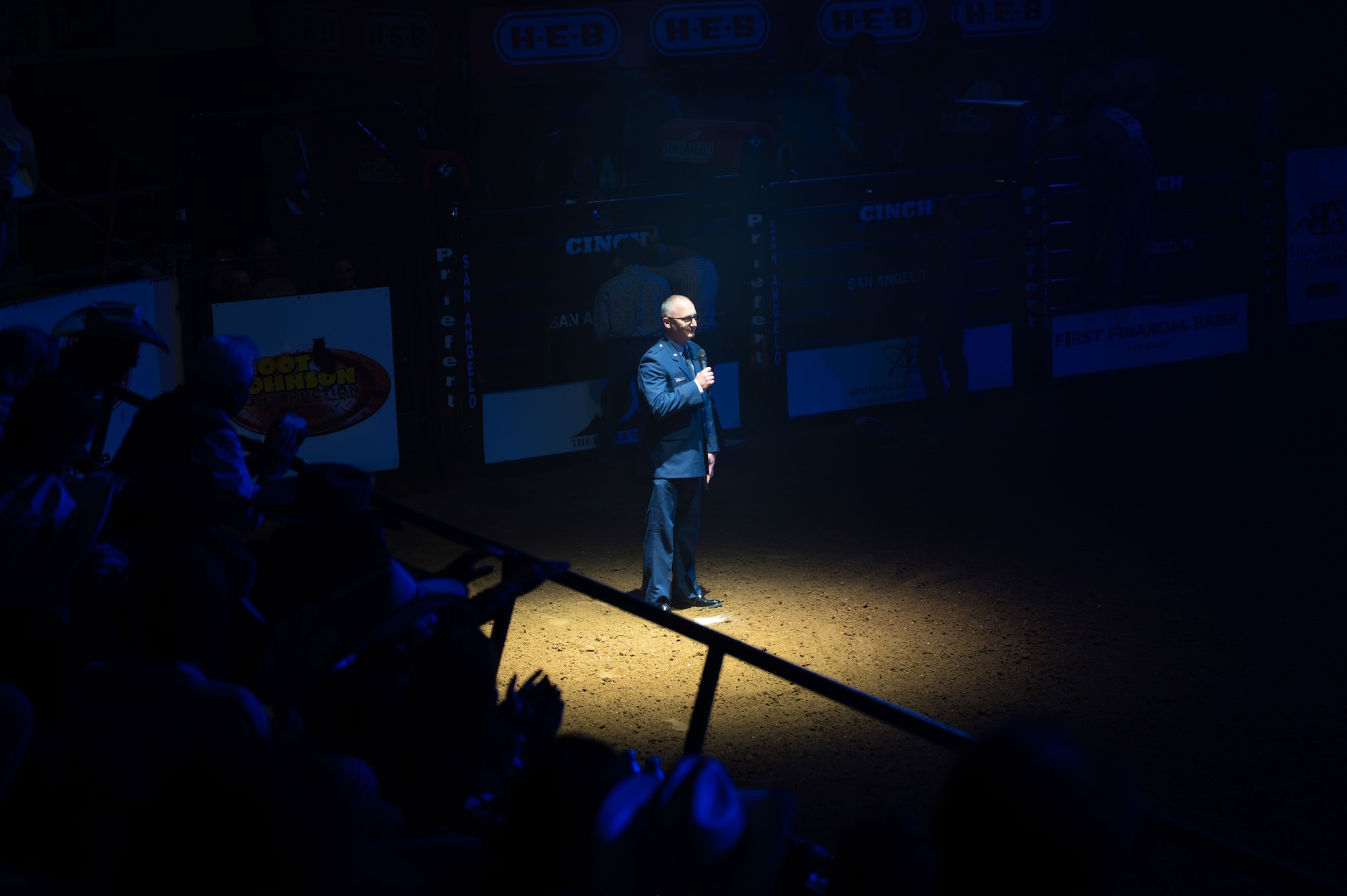 U.S. Air Force Col. Matthew Norton, 17th Training Wing commander, speaks at the annual Military Appreciation Night at the Foster Communications Coliseum, San Angelo, Texas.