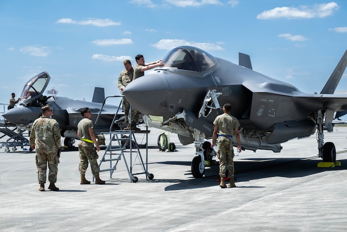 U.S. Airmen prepare F-35A Lighting IIs for flight at Savannah Air National Guard Base, Georgia