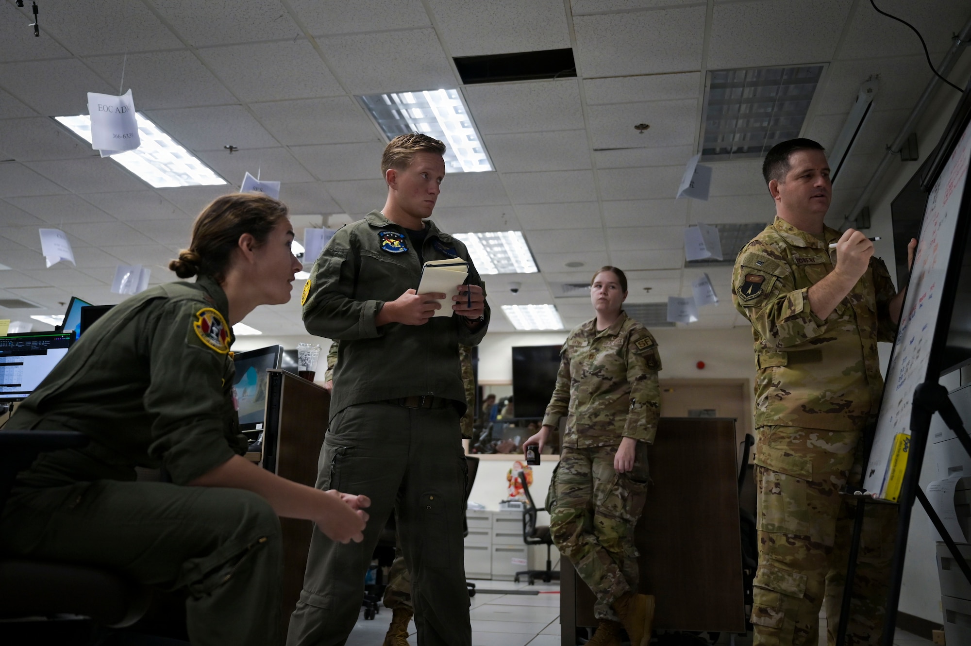 Members of the 36th Wing Crisis Action Team coordinate with joint and interagency partners at Andersen Air Force Base, Guam, in support of Federal Emergency Management Agency-led response efforts during Typhoon Sinlaku. The team works around the clock to ensure timely and effective assistance to impacted communities.