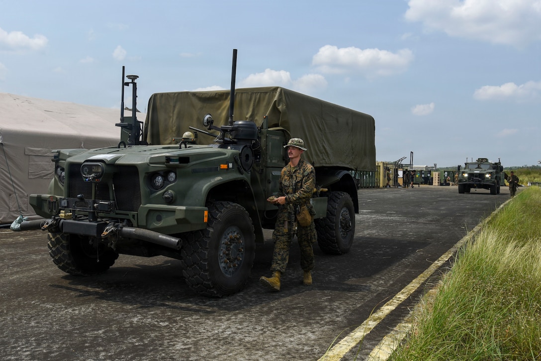 U.S. Marine Corps Lance Cpl. Bowen Miles, a field artillery cannoneer, with 3rd Littoral Combat Team, 3rd Marine Littoral Regiment, 3rd Marine Division, operates a Navy-Marine Expeditionary Ship Interdiction System during Exercise Balikatan 2026 at Cagayan North International Airport, Philippines, April 21, 2026.