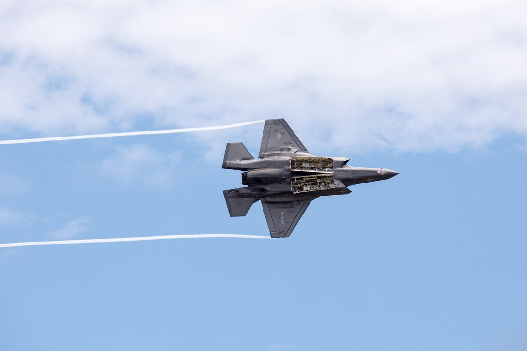 A U.S. Marine Corps F-35B Lightning II aircraft with Marine Fighter Attack Squadron (VMFA) 242, Marine Aircraft Group 12, conducts a flight demonstration during Marine Corps Air Station Iwakuni's 45th Friendship Day at MCAS Iwakuni, Japan, May 5, 2024. MCAS Iwakuni has held a Friendship Day open house to foster positive relationships between the air station and its Japanese hosts, offering a culturally enriching experience that displays the mutual support the U.S. and Japan share. (U.S. Marine Corps photo by Lance Cpl. David Getz)