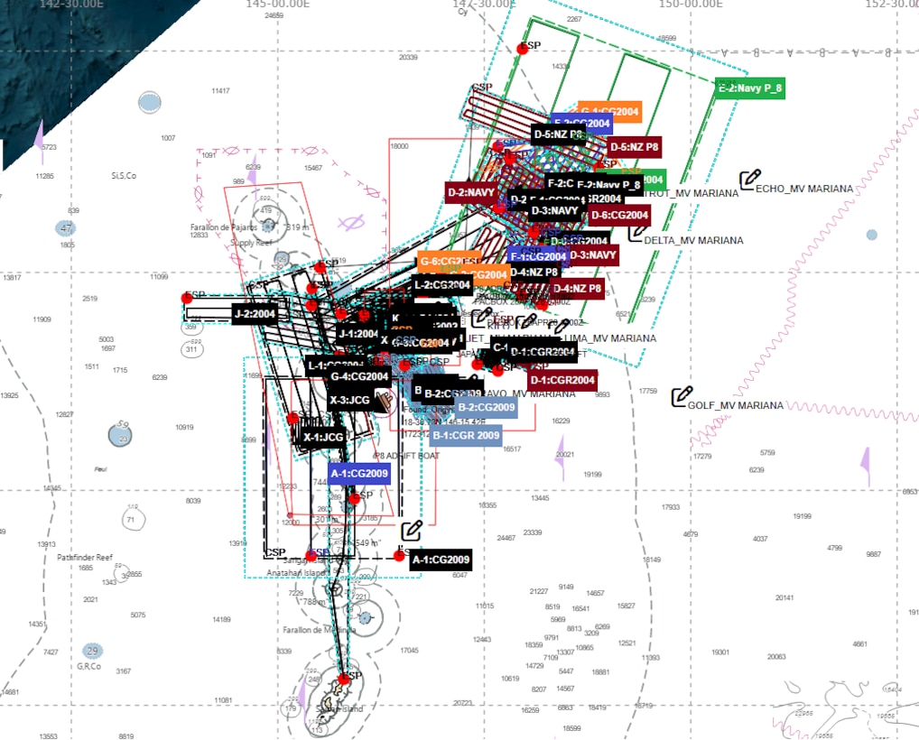 A graphic displaying all search patterns conducted by U.S. Coast Guard and partner agencies during the search for the cargo vessel Mariana and the ship’s crew members offshore Saipan from April 16-26, 2026. Coast Guard crews and partners have searched for more than 85 hours, covering over 127,900 square nautical miles, roughly the size of California. (U.S. Coast Guard photo)