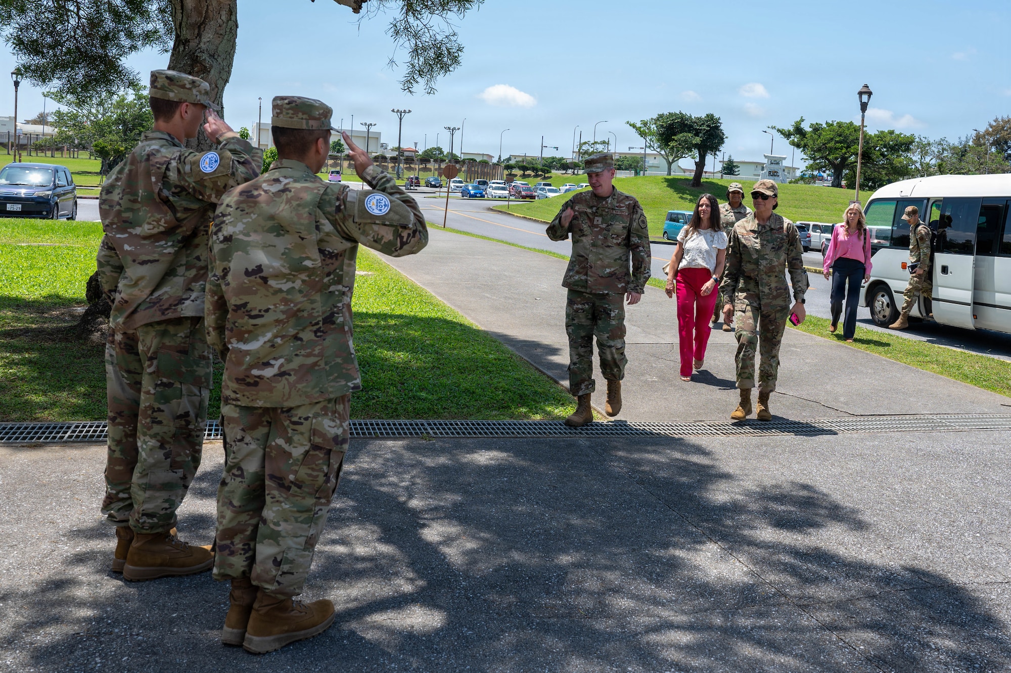 JROTC cadets greet service members.