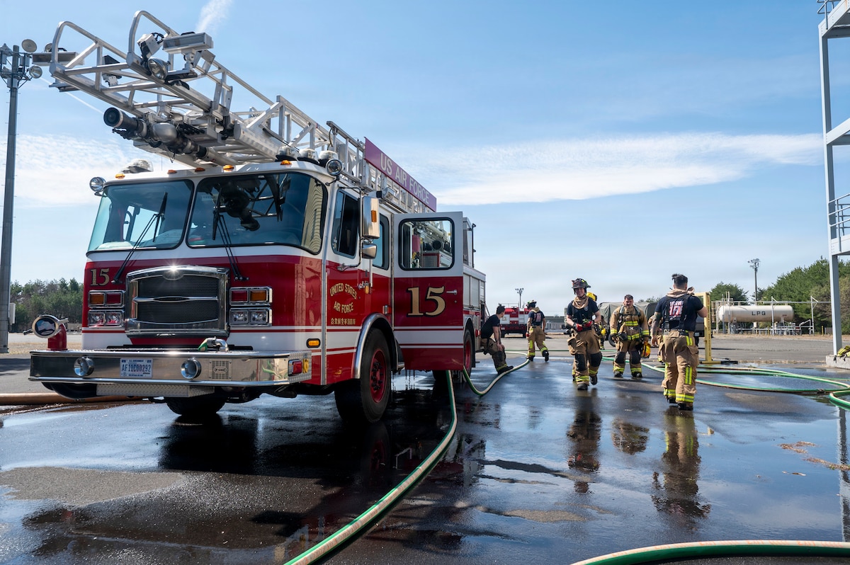 U.S. Air Force firefighters from the 35th Civil Engineer Squadron conduct structural fire training at the Misawa Fire Emergency Services Training Center at Misawa Air Base, Japan, April 8, 2026. Firefighters train regularly to respond quickly and remain composed in dangerous situations that can endanger Airmen and mission equipment. (U.S. Air Force photo by Senior Airman Gavin Hameed)