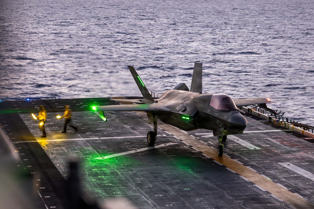 A U.S. Marine Corps F-35B Lightning II assigned to Marine Fighter Attack Squadron (VMFA) 122, 11th Marine Expeditionary Unit, prepares to takeoff during flight operations aboard Wasp-class amphibious assault ship USS Boxer (LHD 4) in the Pacific Ocean, April 23, 2026. The 11th MEU, embarked aboard the Boxer Amphibious Ready Group, is a persistent, combat credible force contributing to deterrence and crisis response in the U.S. 7th Fleet area of operations. U.S. 7th Fleet, the U.S. Navy's largest forward-deployed numbered fleet, routinely interacts and operates with allies and partners to preserve a free and open Indo-Pacific. (U.S. Marine Corps photo by Sgt. Trent A. Henry)