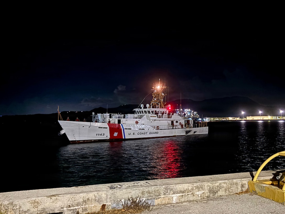 U.S. Coast Guard crews aboard USCGC Frederick Hatch (WPC 1143) return to Guam on April 23, 2026, after supporting the search for six mariners from the cargo vessel Mariana off the Commonwealth of the Northern Mariana Islands and ensuring the transfer of supplies to USCGC Oliver Henry (WPC 1140), who took over the surface asset role in the search. U.S. Coast Guard crews pressed north on April 19, 2026, ensuring the safety of Apra Harbor before moving toward communities still isolated by the effects of Super Typhoon Sinlaku, launching a coordinated surge to fully reopen ports across Guam and the Commonwealth of the Northern Mariana Islands and deliver resources. (U.S. Coast Guard photo by Capt. Jessica Worst)