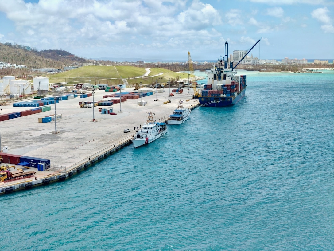 U.S. Coast Guard crews ensure the transfer of relief supplies for communities in Saipan and swap gear for a variety of continued operations between USCGC Hickory (WLB 212), USCGC Oliver Henry (WPC 1140), and USCGC Frederick Hatch (WPC 1143) on April 23, 2026. U.S. Coast Guard crews pressed north on April 19, 2026, ensuring the safety of Apra Harbor before moving toward communities still isolated by the effects of Super Typhoon Sinlaku, launching a coordinated surge to fully reopen ports across Guam and the Commonwealth of the Northern Mariana Islands and deliver resources. (U.S. Coast Guard photo by Lt. Whip Blacklaw)