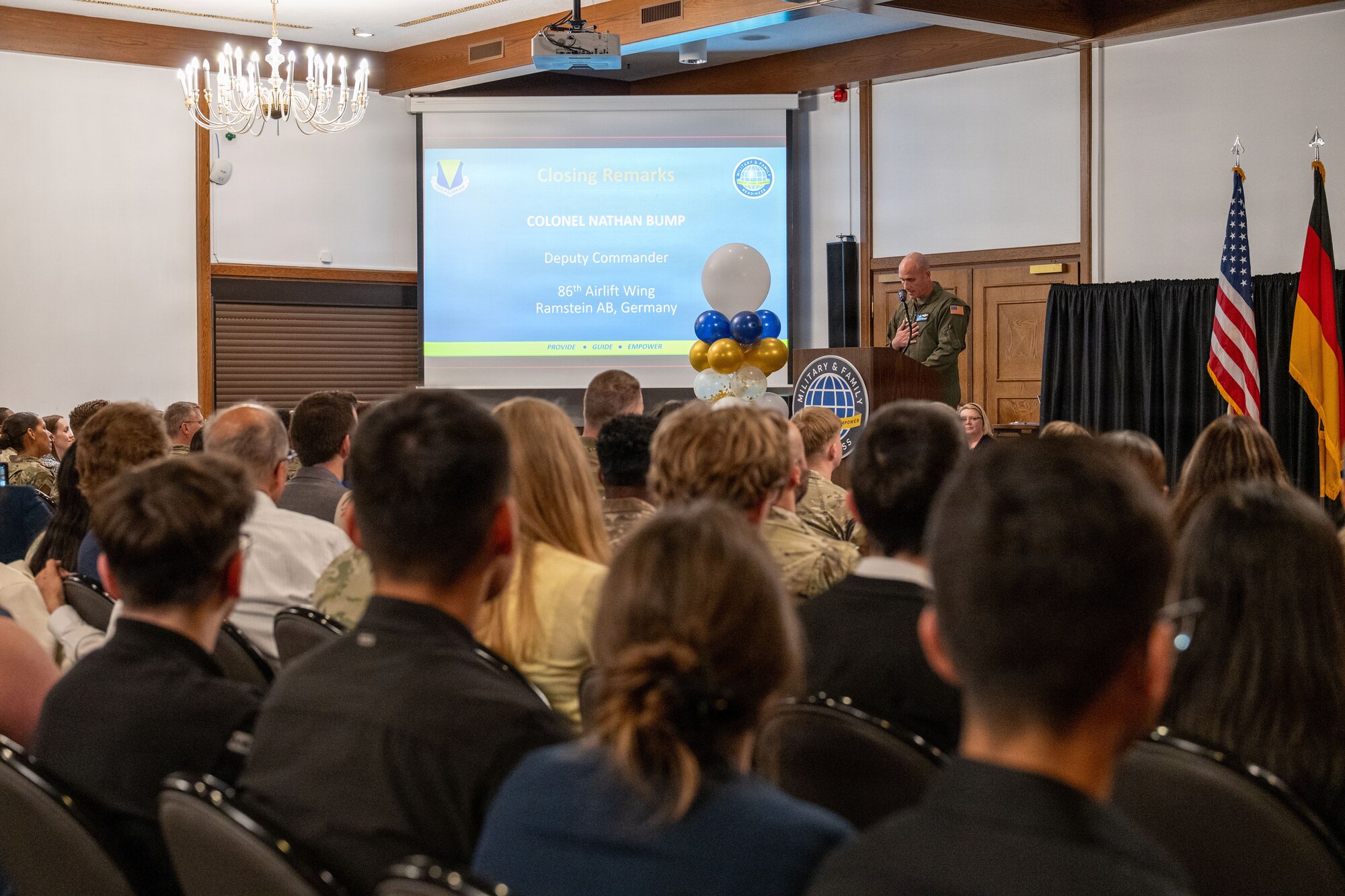 U.S. Air Force Col. Nathan Bump, 86th Airlift Wing deputy commander, delivers remarks during the Volunteer Excellence Awards ceremony at Ramstein Air Base, Germany, April 24, 2026.