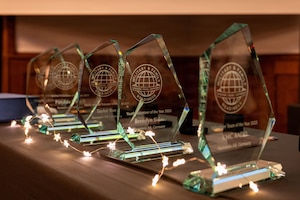 Volunteer Excellence Awards are displayed prior to a ceremony at Ramstein Air Base, Germany, April 24, 2026.