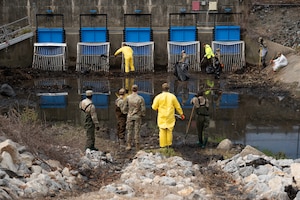 Airmen removed buildup from a drainage outfall to keep water moving and reduce pollution. Small actions like these play a direct role in protecting the environment and supporting the surrounding community.