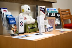 A table with pamphlets and a teddy bear.