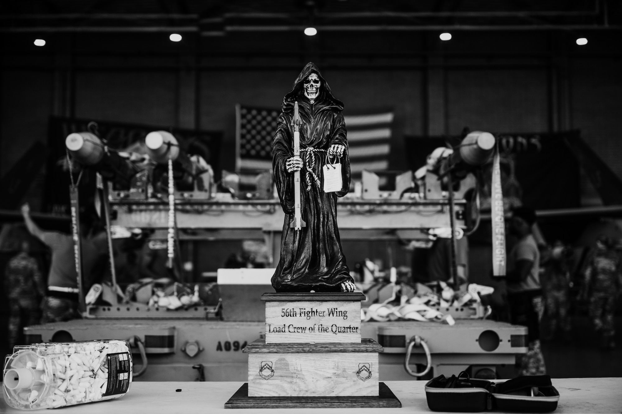 The 56th Fighter Wing Load Crew of the Quarter trophy sits on a table during the first quarter weapons load competition.