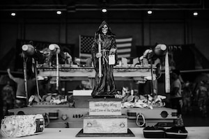 The 56th Fighter Wing Load Crew of the Quarter trophy sits on a table during the first quarter weapons load competition.
