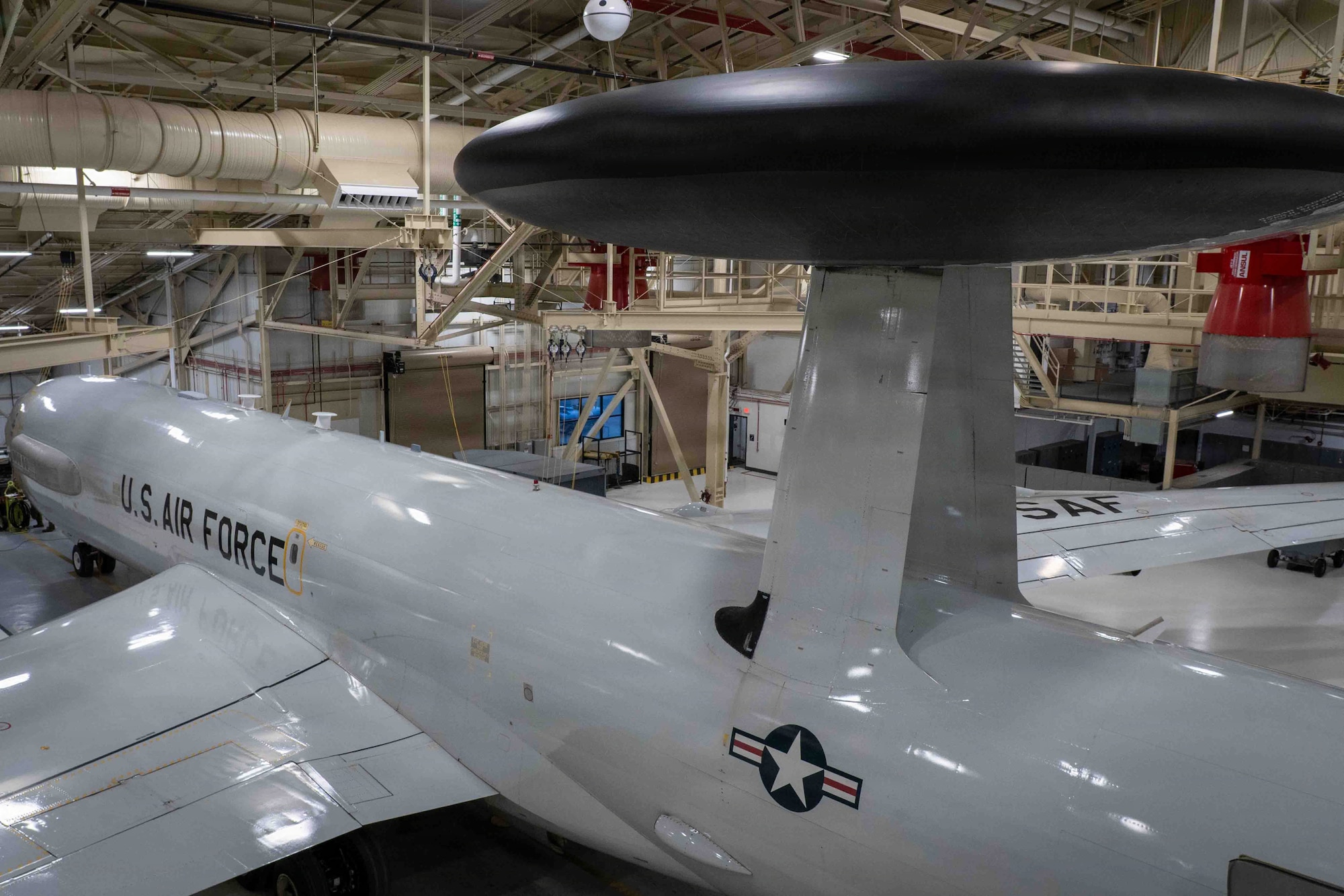 A U.S. Air Force E-3 Sentry assigned to the 962nd Airborne Air Control Squadron sits in a hangar on Joint Base Elmendorf-Richardson, Alaska, April 23, 2026.