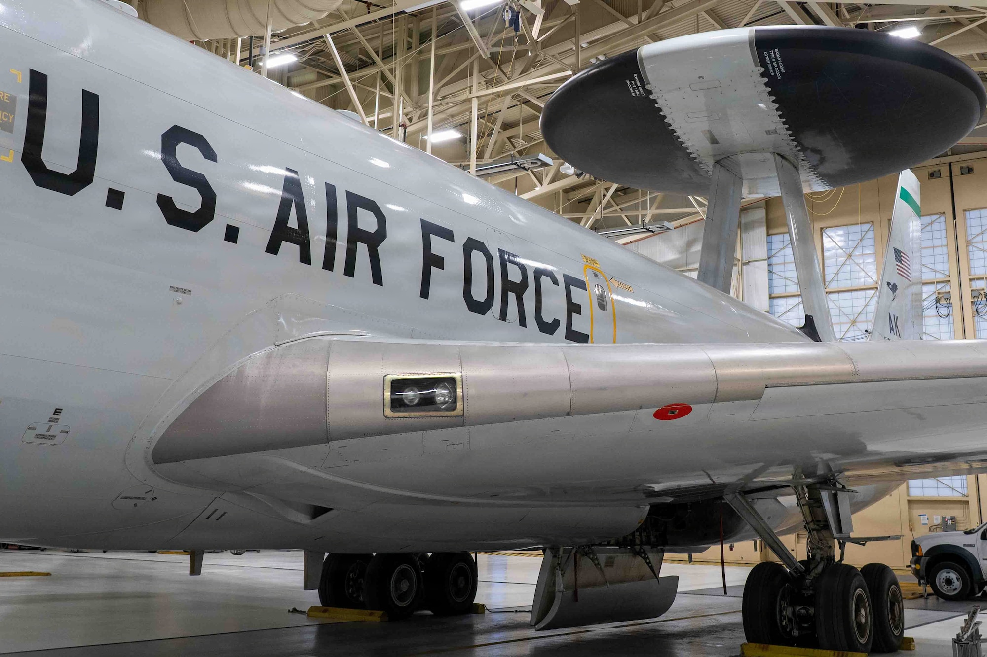 A U.S. Air Force E-3 Sentry assigned to the 962nd Airborne Air Control Squadron sits in a hangar on Joint Base Elmendorf-Richardson, Alaska, April 23, 2026.