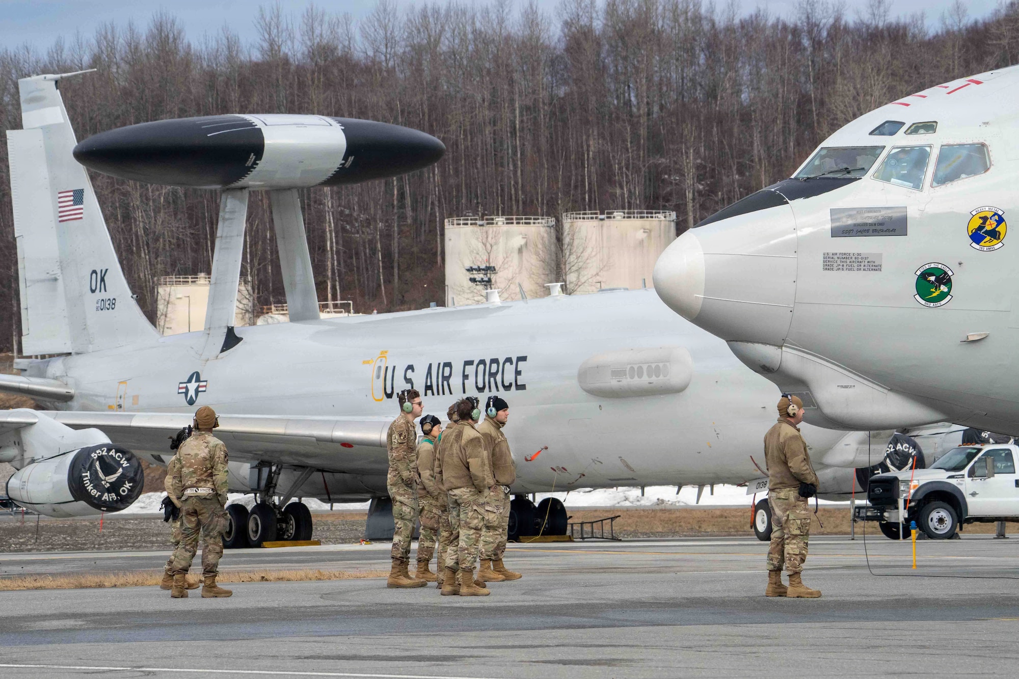 U.S. Air Force Airmen from the 718th Aircraft Maintenance Squadron prepare an E-3 Sentry assigned to the 962nd Airborne Air Control Squadron for flight during Red Flag-Alaska 26-1 at Joint Base Elmendorf-Richardson, Alaska, April 23, 2026.