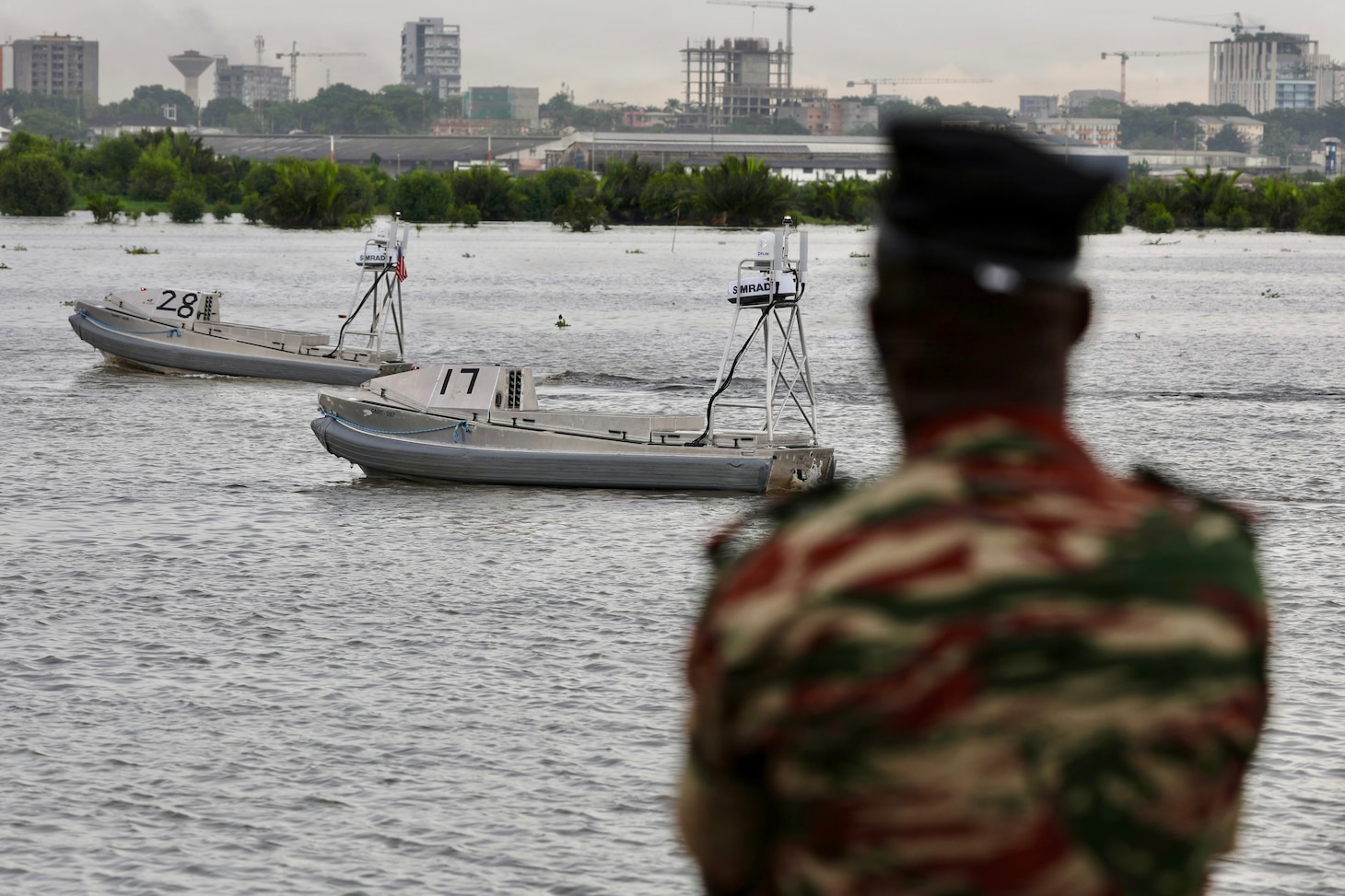Global Autonomous Reconnaissance Crafts (GARC) deploy in formation during a live robotic and autonomous systems (RAS) demonstration with Commander, Task Force (CTF) 66 during Exercise Obangame Express 2026 in Douala, Cameroon, April 25, 2026.