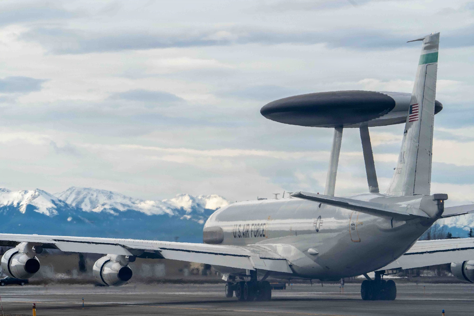 A U.S. Air Force E-3 Sentry assigned to the 962nd Airborne Air Control Squadron taxis onto the runway during Red Flag-Alaska 26-1 at Joint Base Elmendorf-Richardson, Alaska, April 23, 2026.