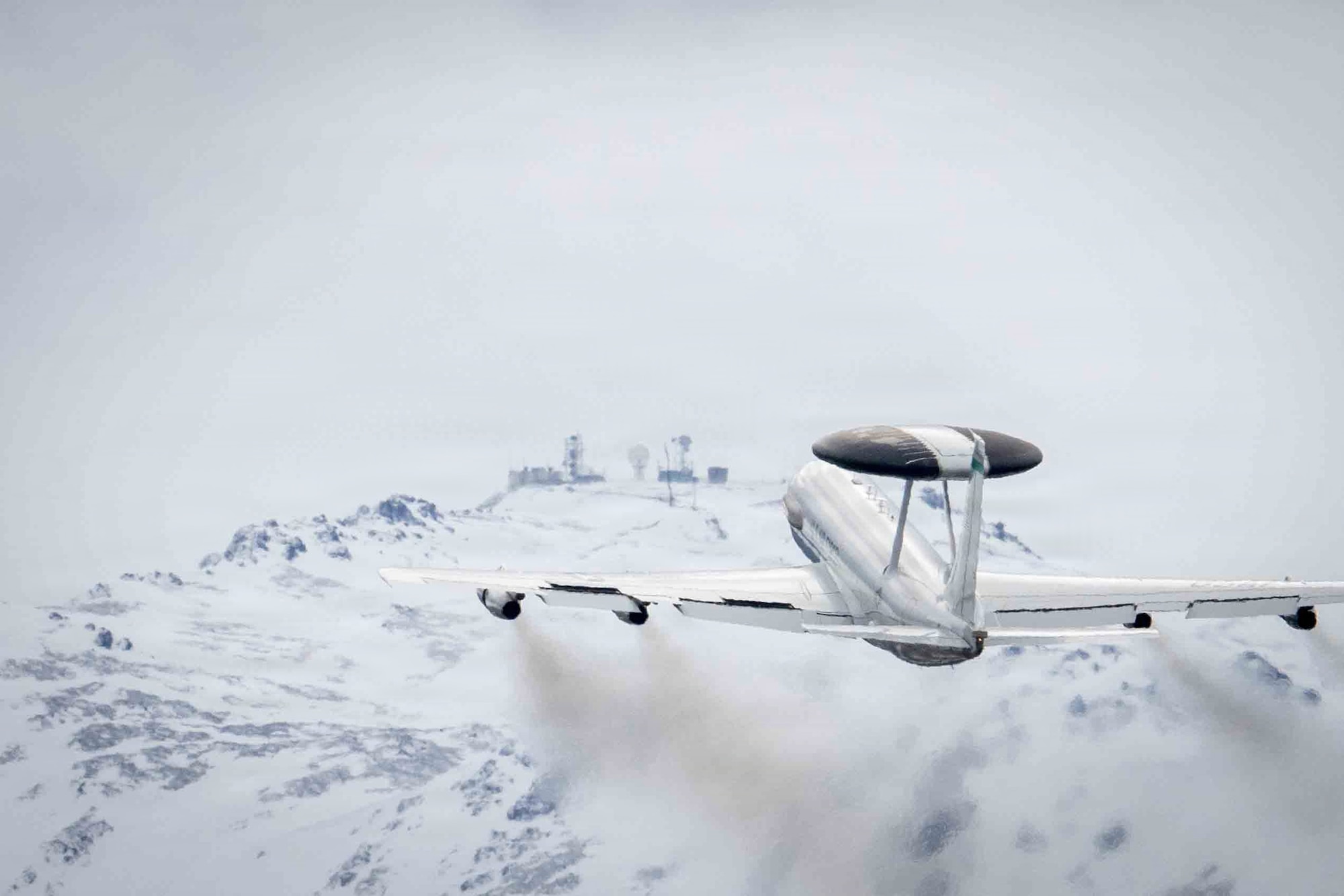 A U.S. Air Force E-3 Sentry assigned to the 962nd Airborne Air Control Squadron takes off during Red Flag Alaska 26-1 at Joint Base Elmendorf-Richardson, Alaska, April 23, 2026.