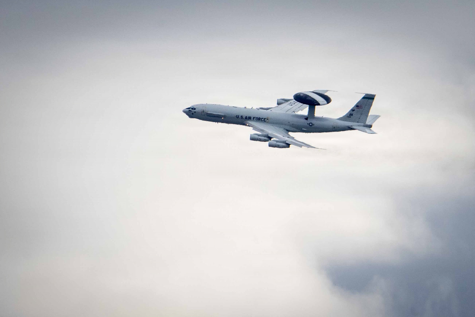A U.S. Air Force E-3 Sentry assigned to the 962nd Airborne Air Control Squadron flies overhead during Red Flag-Alaska 26-1 at Joint Base Elmendorf-Richardson, Alaska, April 23, 2026.