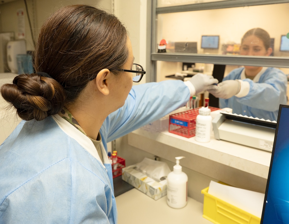 Technicians work in laboratory.