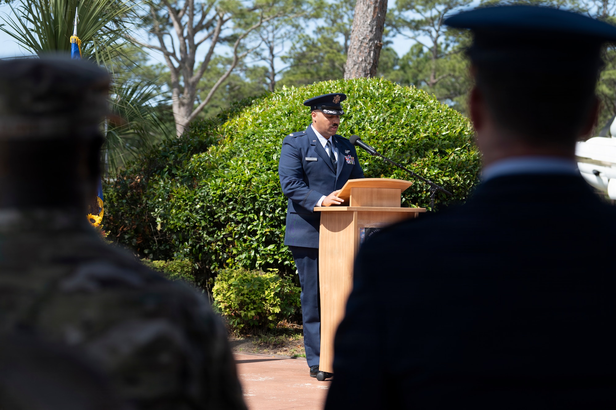 Lt. Col. Walter Mitchell, 8th Special Operations Squadron commander, speaks during a ceremony honoring the 46th anniversary of Operation Eagle Claw at Hurlburt Field, Florida, April 24, 2026.