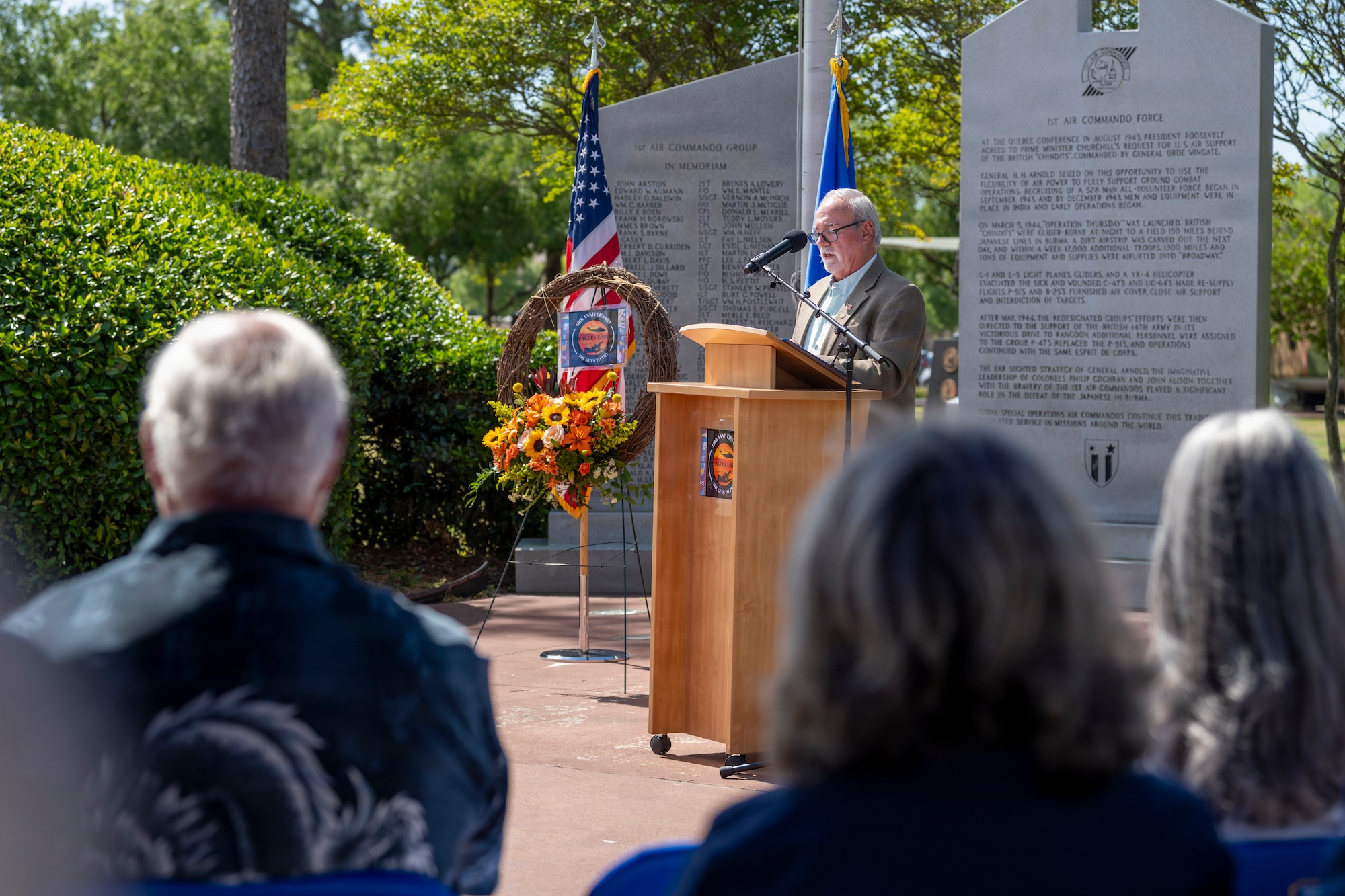 Retired Col. Bill Robb, an Operation Eagle Claw crew member, speaks during a ceremony honoring the 46th anniversary of Operation Eagle Claw at Hurlburt Field, Florida, April 24, 2026.