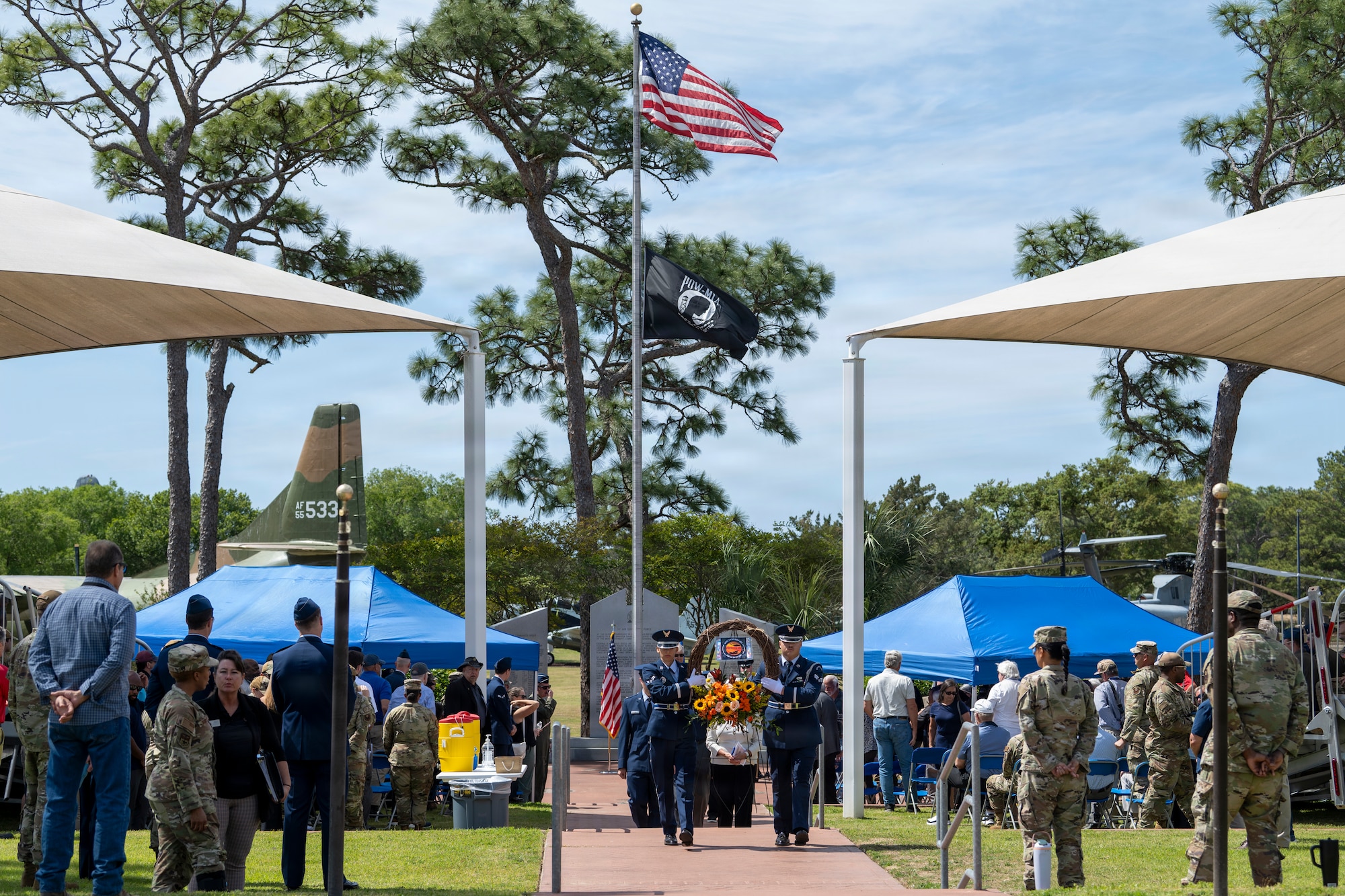 Air Commandos, friends and families gather for a ceremony honoring the 46th anniversary of Operation Eagle Claw at Hurlburt Field, Florida, April 24, 2026.