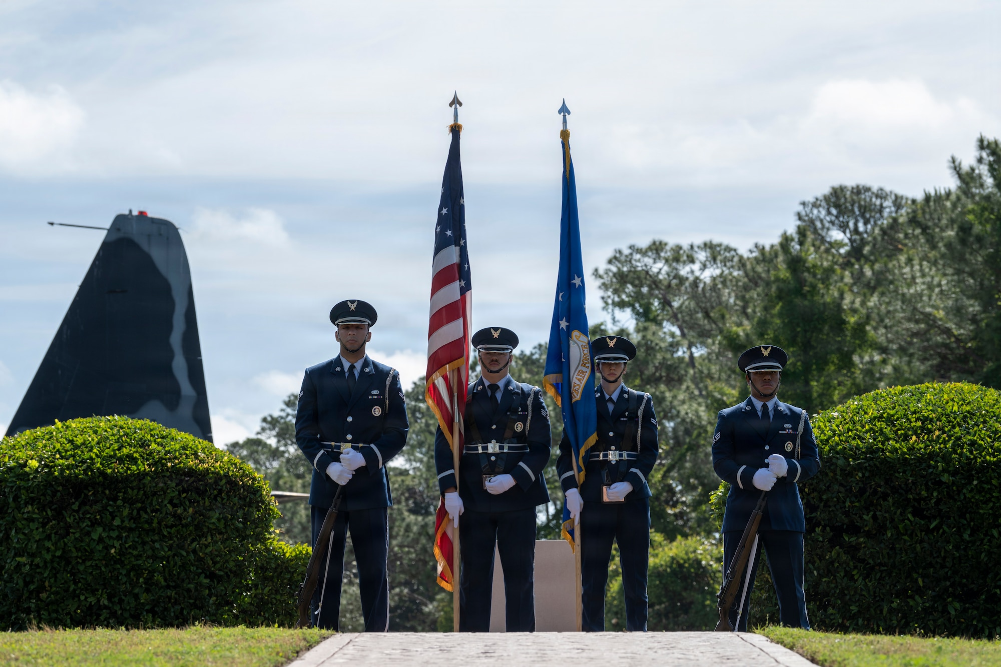 Hurlburt Field Base Honor Guardsmen prepare to present the colors during a ceremony honoring the 46th anniversary of Operation Eagle Claw at Hurlburt Field, Florida, April 24, 2026.